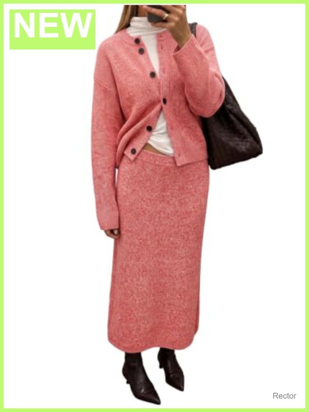 Ribbed Knit Cardigan and Maxi Skirt Set Button Down 2 Piece Outfit